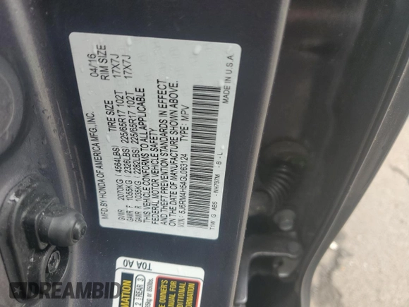 2016 Honda CR-V EX with VIN 5J6RM4H54GL063124, listed as a Copart auction lot 55632825 with 114,444 mi miles and Salvage Title. Bid and sale history available at DreamBid. Image 13.