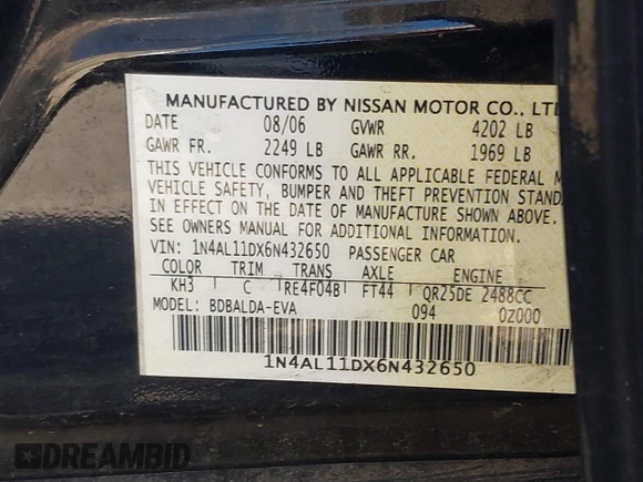 2006 Nissan Altima S with VIN 1N4AL11DX6N432650, listed as a IAAI auction lot 41789388 with 239,071 mi miles and . Bid and sale history available at DreamBid. Image 9.