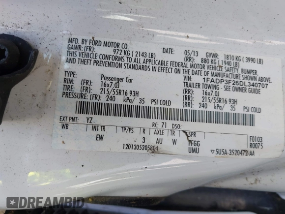 2013 Ford Focus SE with VIN 1FADP3F26DL340707, listed as a IAAI auction lot 42588722 with 71,907 mi miles and . Bid and sale history available at DreamBid. Image 9.
