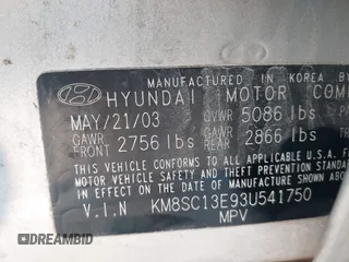 2003 Hyundai Santa Fe GLS z VIN KM8SC13E93U541750, wystawiony jako IAAI lot #42200817 z przebiegiem 174 842 mil mil oraz . Historia ofert i sprzedaży dostępna na DreamBid. Obrazek 9.