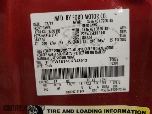 2012 Ford F-150 XL with VIN 1FTFW1ET4CKD48913, listed as a Copart auction lot 52387655 with 136,379 mi miles and Clean title. Bid and sale history available at DreamBid. Image 12.