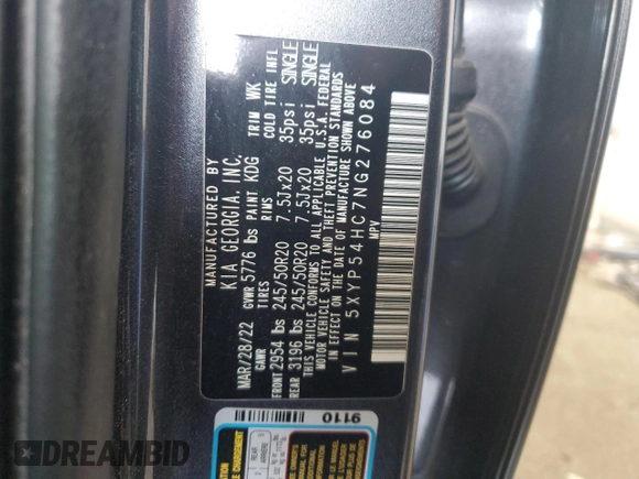 2022 Kia Telluride SX with VIN 5XYP54HC7NG276084, listed as a Copart auction lot 52690395 with 28,005 mi miles and Salvage title. Bid and sale history available at DreamBid. Image 14.