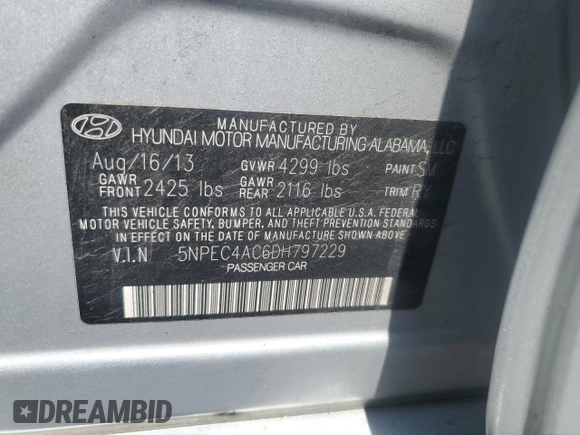 2013 Hyundai Sonata Limited with VIN 5NPEC4AC6DH797229, listed as a Copart auction lot 53649925 with 171,550 mi miles and Salvage Title. Bid and sale history available at DreamBid. Image 12.