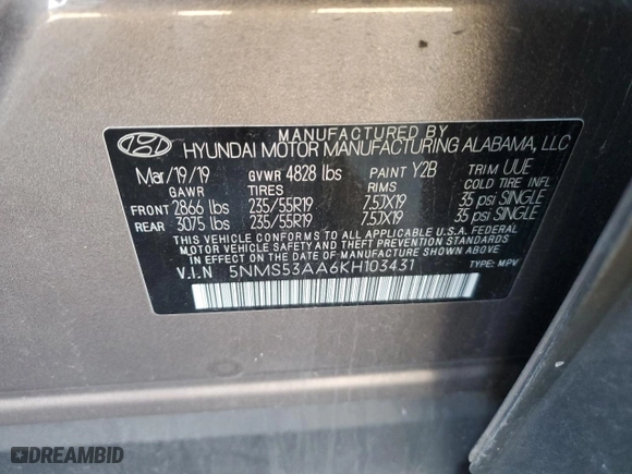 2019 Hyundai Santa Fe Limited with VIN 5NMS53AA6KH103431, listed as a Copart auction lot 44368625 with 77,635 mi miles and Salvage Title. Bid and sale history available at carsss.com. Image 13.