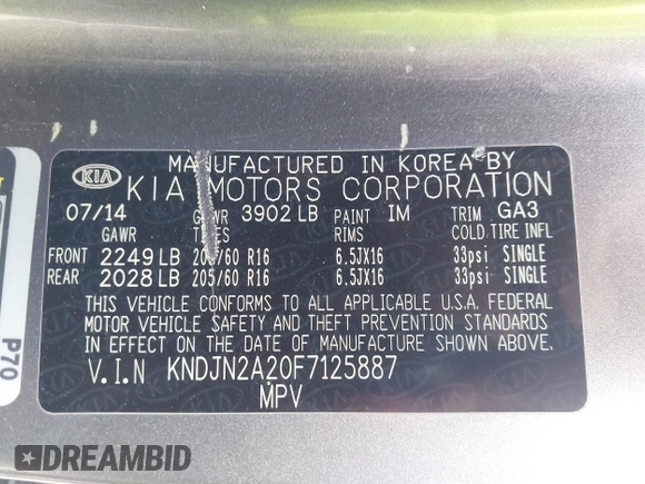 2015 Kia Soul with VIN KNDJN2A20F7125887, listed as a IAAI auction lot 42107735 with 151,537 mi miles and . Bid and sale history available at DreamBid. Image 9.