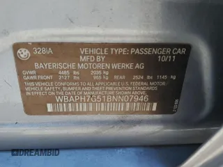 2011 BMW 3 Series 328i with VIN WBAPH7G51BNN07946, listed as a Copart auction lot 64558545 with Not provided miles and Salvage title. Bid and sale history available at DreamBid. Image 12.