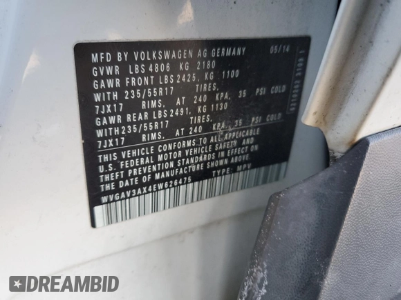 2014 Volkswagen Tiguan SEL с VIN WVGAV3AX4EW626475, выставлен на аукционе Copart как лот 43540255 с пробегом 84 057 миль миль и На запчасти • Non repairable. История ставок и продаж доступна на DreamBid. Изображение 13.