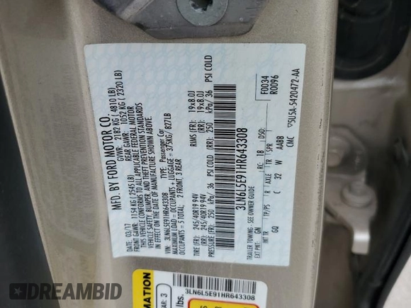 2017 Lincoln MKZ Reserve with VIN 3LN6L5E91HR643308, listed as a Copart auction lot 60479625 with 45,226 mi miles and Salvage title. Bid and sale history available at DreamBid. Image 12.