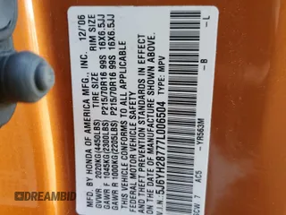 2007 Honda Element EX with VIN 5J6YH28777L006504, listed as a Copart auction lot 52508655 with 71,935 mi miles and Salvage Title. Bid and sale history available at DreamBid. Image 14.