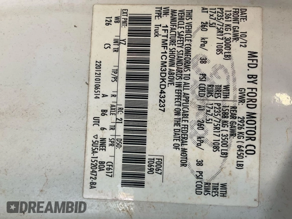 2013 Ford F-150 XL with VIN 1FTMF1CM3DKD43237, listed as a IAAI auction lot 42636389 with 164,975 mi miles and . Bid and sale history available at DreamBid. Image 30.