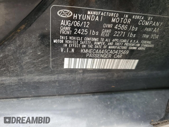 2012 Hyundai Sonata Hybrid with VIN KMHEC4A45CA043569, listed as a Copart auction lot 50185855 with 120,728 mi miles and Salvage Title. Bid and sale history available at DreamBid. Image 12.