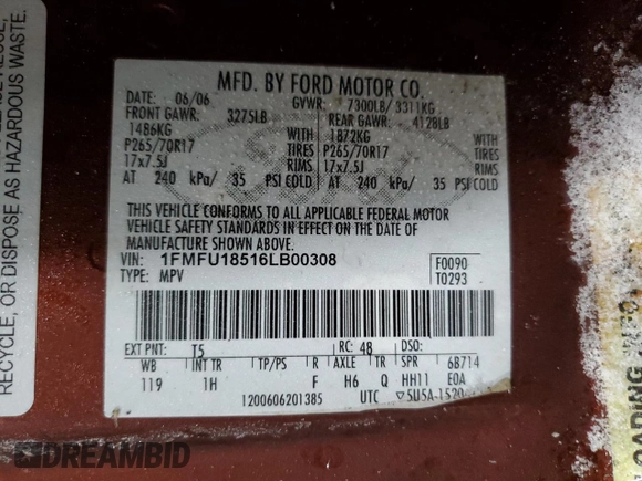 2006 Ford Expedition Eddie Bauer with VIN 1FMFU18516LB00308, listed as a Copart auction lot 44136305 with 203,633 mi miles and Clean Title. Bid and sale history available at carsss.com. Image 13.