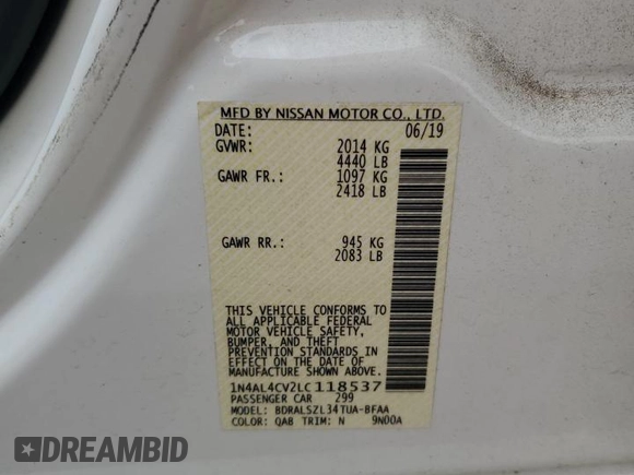 2020 Nissan Altima SR with VIN 1N4AL4CV2LC118537, listed as a Copart auction lot 80986854 with 67,146 mi miles and Salvage Title. Bid and sale history available at carsss.com. Image 13.