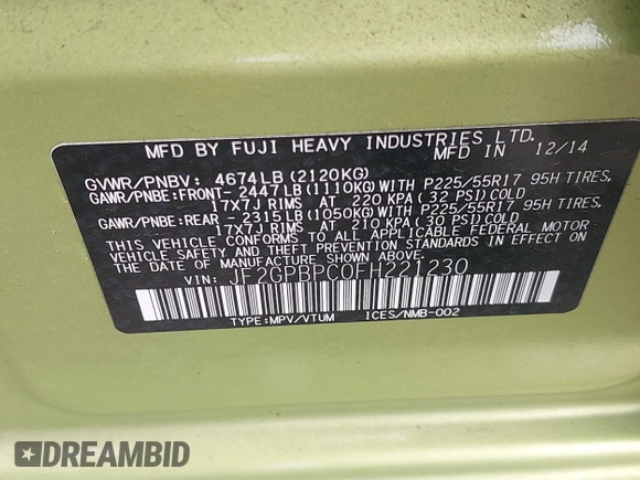 2015 Subaru Crosstrek Touring with VIN JF2GPBPC0FH221230, listed as a IAAI auction lot 41710935 with 53,909 mi miles and . Bid and sale history available at DreamBid. Image 9.