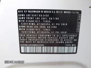 2019 Volkswagen Tiguan S z VIN 3VV0B7AX9KM055305, wystawiony jako IAAI lot #42160128 z przebiegiem 67 826 mil mil oraz . Historia ofert i sprzedaży dostępna na DreamBid. Obrazek 9.