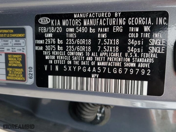 2020 Kia Sorento LX V6 with VIN 5XYPG4A57LG679792, listed as a Copart auction lot 44994805 with 73,661 mi miles and Salvage Title. Bid and sale history available at carsss.com. Image 15.
