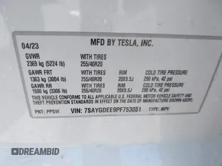 2023 Tesla Model Y Long Range z VIN 7SAYGDEE9PF753051, wystawiony jako IAAI lot #39615839 z przebiegiem Nie podano mil oraz . Historia ofert i sprzedaży dostępna na DreamBid. Obrazek 9.