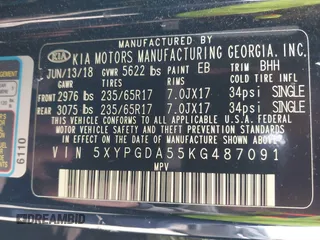 2019 Kia Sorento LX V6 with VIN 5XYPGDA55KG487091, listed as a IAAI auction lot 42007536 with 94,711 mi miles. Bid and sale history available at carsss.com. Image 9.