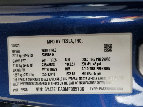 2021 Tesla Model 3 Standard Range Plus with VIN 5YJ3E1EA0MF095706, listed as a Copart auction lot 79754074 with 117,208 mi miles and Salvage Title. Bid and sale history available at carsss.com. Image 14.