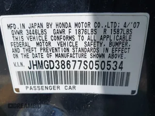 2007 Honda Fit Sport with VIN JHMGD38677S050534, listed as a IAAI auction lot 42382491 with 157,246 mi miles and . Bid and sale history available at DreamBid. Image 9.
