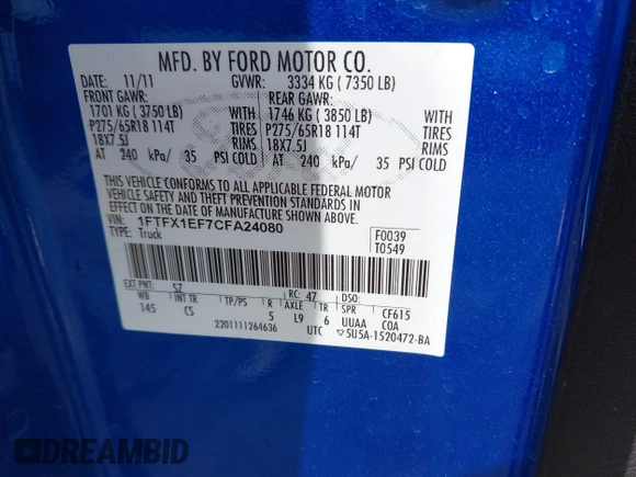 2012 Ford F-150 XL with VIN 1FTFX1EF7CFA24080, listed as a IAAI auction lot 41690141 with 133,905 mi miles. Bid and sale history available at carsss.com. Image 9.