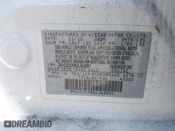 2016 Nissan Note SV with VIN 3N1CE2CP8GL368851, listed as a IAAI auction lot 42110761 with 119,810 mi miles and . Bid and sale history available at DreamBid. Image 9.