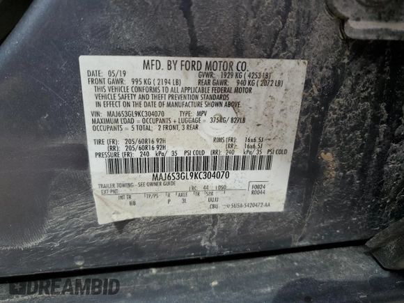 2019 Ford EcoSport SE with VIN MAJ6S3GL9KC304070, listed as a Copart auction lot 52250395 with 61,720 mi miles and Salvage Title. Bid and sale history available at carsss.com. Image 13.
