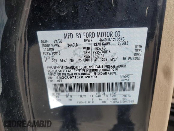 2007 Mercury Mariner Premier с VIN 4M2CU97157KJ20700, выставлен на аукционе Copart как лот 48161105 с пробегом 83 890 миль миль и Чистый • Clean title. История ставок и продаж доступна на DreamBid. Изображение 13.