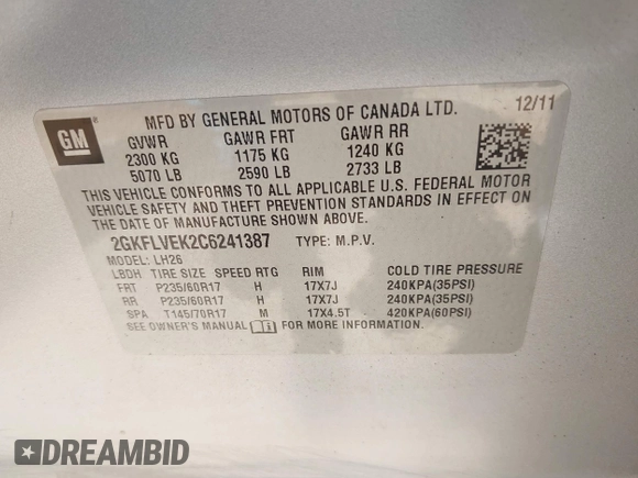 2012 GMC Terrain SLT-1 with VIN 2GKFLVEK2C6241387, listed as a IAAI auction lot 42732302 with 107,812 mi miles and . Bid and sale history available at DreamBid. Image 9.