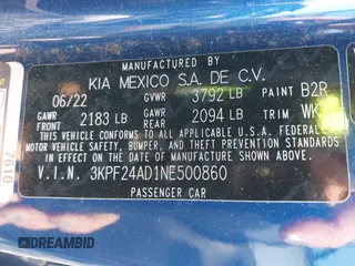 2022 Kia Forte LXS z VIN 3KPF24AD1NE500860, wystawiony jako IAAI lot #42052343 z przebiegiem 57 302 mil mil oraz . Historia ofert i sprzedaży dostępna na DreamBid. Obrazek 9.