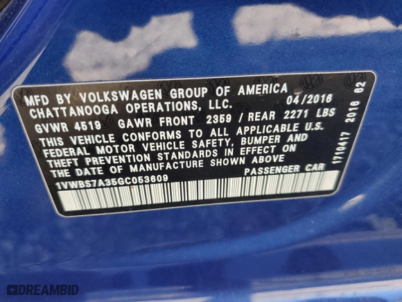 2016 Volkswagen Passat 1.8T SE w/Technology with VIN 1VWBS7A35GC053609, listed as a Copart auction lot 85013794 with 93,781 mi miles and Salvage Title. Bid and sale history available at carsss.com. Image 12.