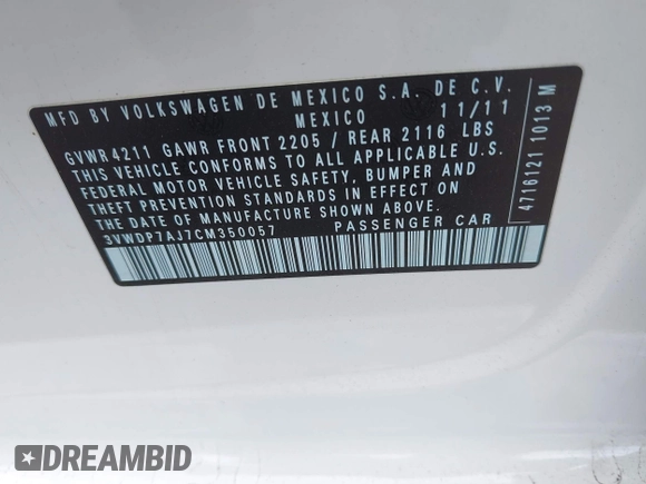 2012 Volkswagen Jetta SE z VIN 3VWDP7AJ7CM350057, wystawiony jako IAAI lot #42499732 z przebiegiem 92 203 mil mil oraz . Historia ofert i sprzedaży dostępna na DreamBid. Obrazek 9.