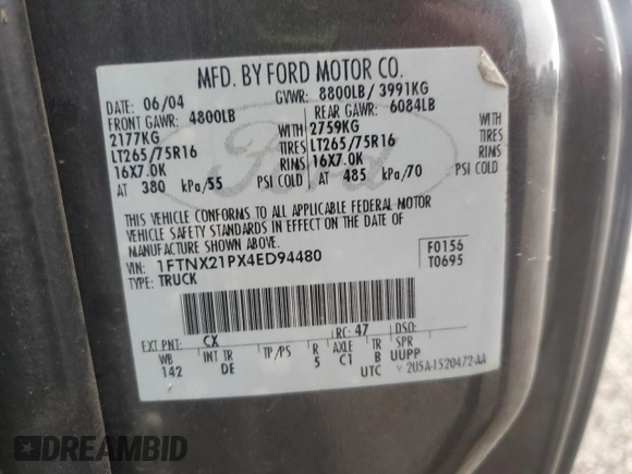 2004 Ford F-250 XL with VIN 1FTNX21PX4ED94480, listed as a Copart auction lot 51744705 with 181,134 mi miles and Salvage title. Bid and sale history available at DreamBid. Image 12.