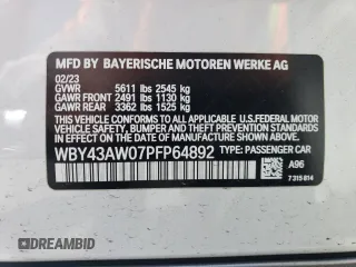 2023 BMW i4 eDrive35 with VIN WBY43AW07PFP64892, listed as a Copart auction lot 55696614 with 3,491 mi miles and Salvage Title. Bid and sale history available at carsss.com. Image 12.