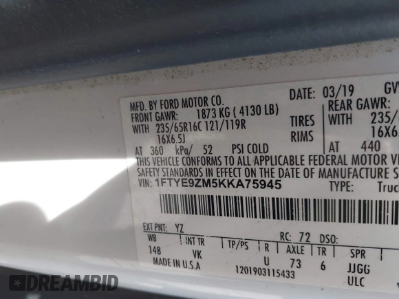2019 Ford Transit с VIN 1FTYE9ZM5KKA75945, выставлен на аукционе IAAI как лот 42251898 с пробегом 225 622 миль миль и . История ставок и продаж доступна на DreamBid. Изображение 9.