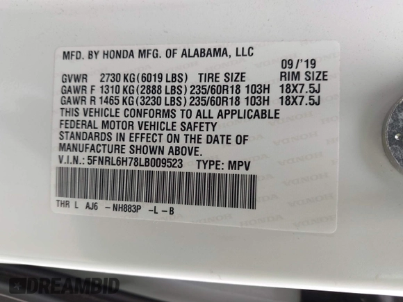 2020 Honda Odyssey EX-L with VIN 5FNRL6H78LB009523, listed as a IAAI auction lot 41882610 with 42,661 mi miles. Bid and sale history available at carsss.com. Image 9.