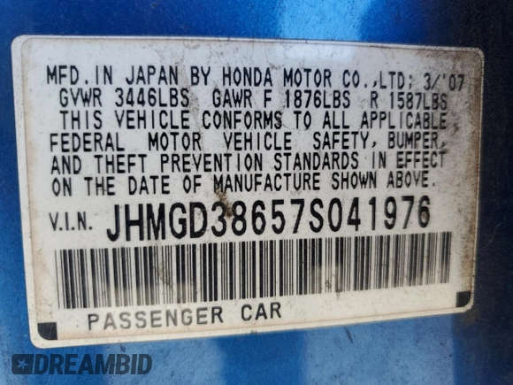 2007 Honda Fit Sport with VIN JHMGD38657S041976, listed as a Copart auction lot 48258825 with 151,075 mi miles and Salvage title. Bid and sale history available at DreamBid. Image 12.