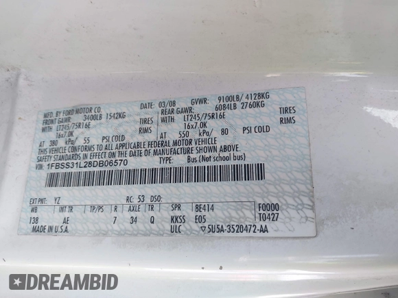 2008 Ford Econoline Passenger XL with VIN 1FBSS31L28DB06570, listed as a IAAI auction lot 42211661 with 339,623 mi miles and . Bid and sale history available at DreamBid. Image 9.