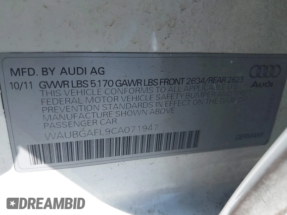 2012 Audi S4 Premium Plus with VIN WAUBGAFL9CA071947, listed as a IAAI auction lot 41647039 with 150,206 mi miles. Bid and sale history available at carsss.com. Image 9.