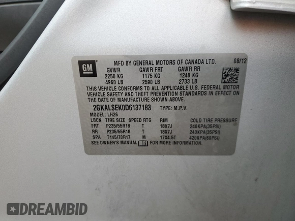 2013 GMC Terrain SLE с VIN 2GKALSEK0D6137183, выставлен на аукционе Copart как лот 59171285 с пробегом 227 559 миль миль и Списание • Salvage title. История ставок и продаж доступна на DreamBid. Изображение 12.