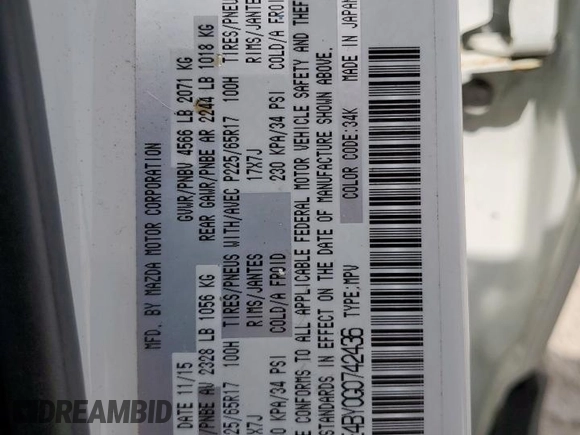 2016 Mazda CX-5 Sport with VIN JM3KE4BY0G0742436, listed as a Copart auction lot 59693945 with 74,314 mi miles and Salvage title. Bid and sale history available at DreamBid. Image 14.