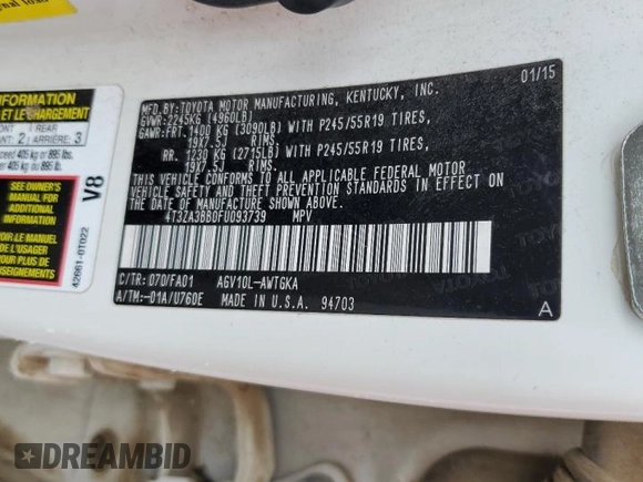 2015 Toyota Venza LE with VIN 4T3ZA3BB0FU093739, listed as a Copart auction lot 59966315 with 142,998 mi miles and Clean title. Bid and sale history available at DreamBid. Image 13.
