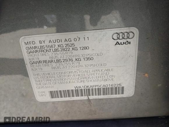 2012 Audi Q5 Premium Plus с VIN WA1DKAFP5CA016225, выставлен на аукционе IAAI как лот 42466232 с пробегом 190 130 миль миль и . История ставок и продаж доступна на DreamBid. Изображение 9.