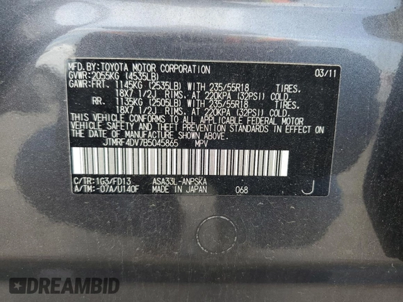 2011 Toyota RAV4 Sport with VIN JTMRF4DV7B5045865, listed as a Copart auction lot 65627905 with 199,707 mi miles and Clean title. Bid and sale history available at DreamBid. Image 13.