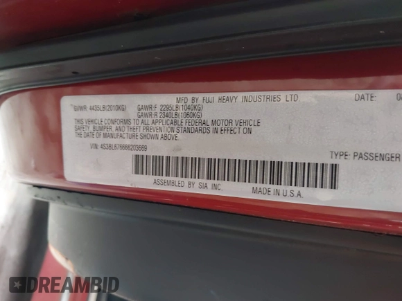 2006 Subaru Legacy GT Limited with VIN 4S3BL676666203669, listed as a IAAI auction lot 42254480 with 243,386 mi miles and . Bid and sale history available at DreamBid. Image 9.