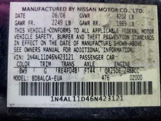 2006 Nissan Altima S z VIN 1N4AL11D46N423121, wystawiony jako Copart lot #58311555 z przebiegiem 152 987 mil mil oraz Szkoda całkowita • Salvage title. Historia ofert i sprzedaży dostępna na DreamBid. Obrazek 12.