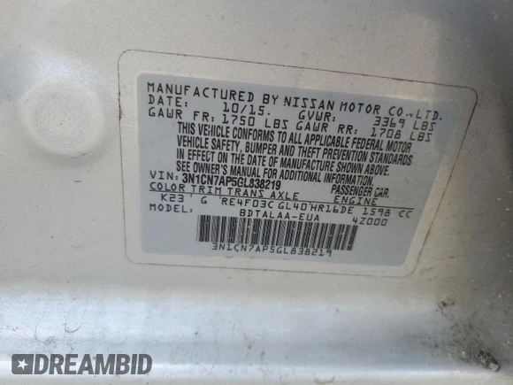 2016 Nissan Versa S with VIN 3N1CN7AP5GL838219, listed as a Copart auction lot 54801415 with 85,940 mi miles and Salvage title. Bid and sale history available at DreamBid. Image 12.