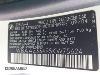 2005 BMW 3 Series 325i with VIN WBAAZ33495KW75624, listed as a IAAI auction lot 41495796 with 92,832 mi miles and . Bid and sale history available at DreamBid. Image 9.