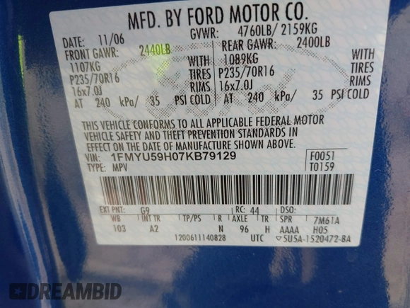 2007 Ford Escape Hybrid with VIN 1FMYU59H07KB79129, listed as a IAAI auction lot 41765085 with 97,723 mi miles and . Bid and sale history available at DreamBid. Image 9.