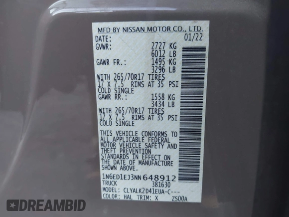 2022 Nissan Frontier SV z VIN 1N6ED1EJ3NN648912, wystawiony jako IAAI lot #40888927 z przebiegiem 59 633 mil mil oraz . Historia ofert i sprzedaży dostępna na DreamBid. Obrazek 9.